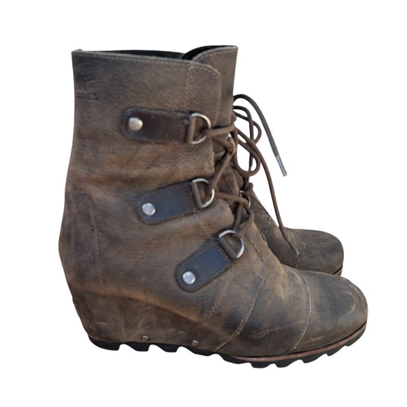 Sorel Joan Of Arctic Wedge Boots Women's 10 Distressed Brown Leather Lace Up - Picture 2 of 7